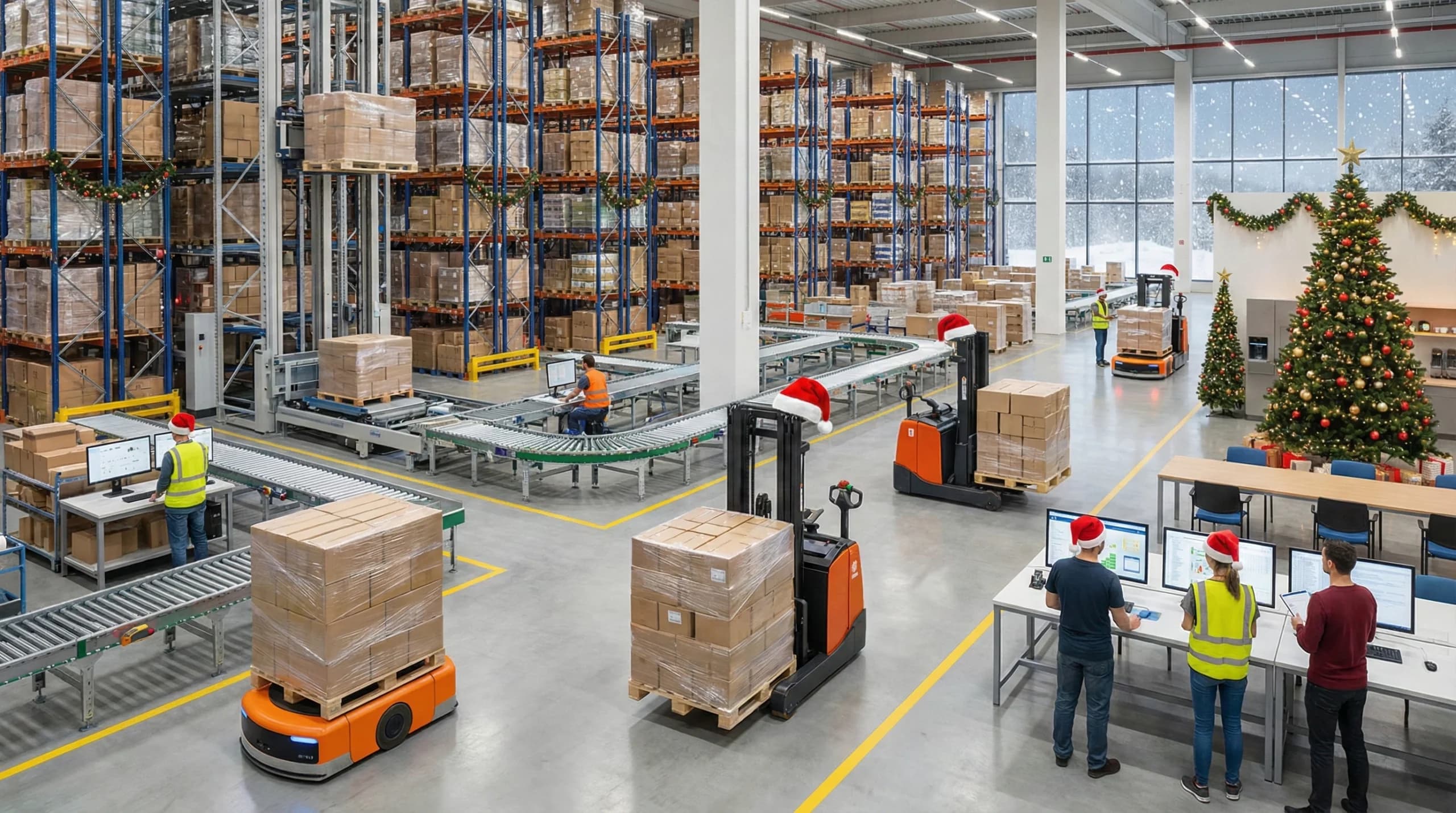 Modern warehouse with robotic forklifts and automated systems managing inventory during the holiday season.
