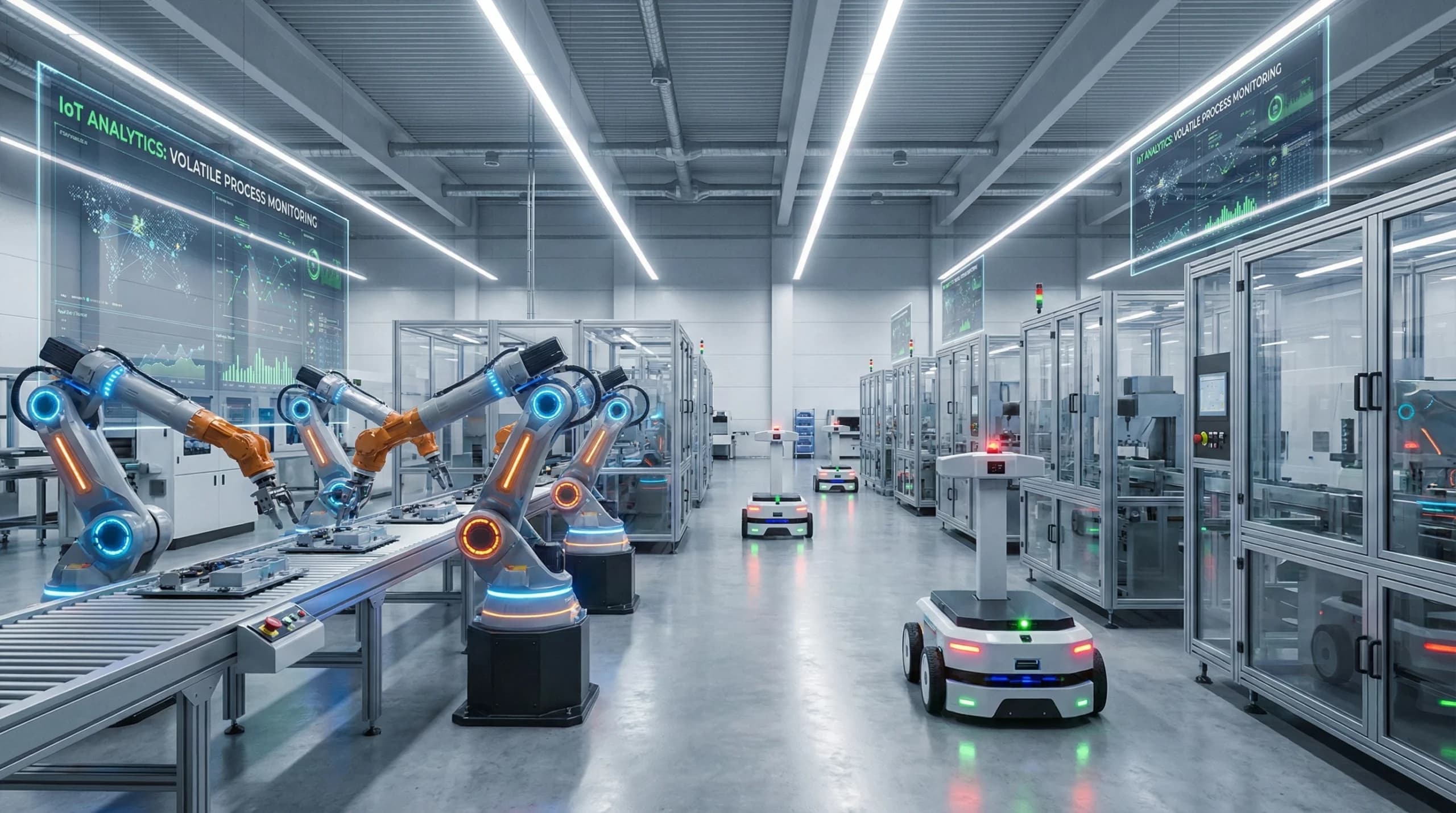 Robotic arms and autonomous robots in a high-tech, volatile manufacturing warehouse with IoT analytics.