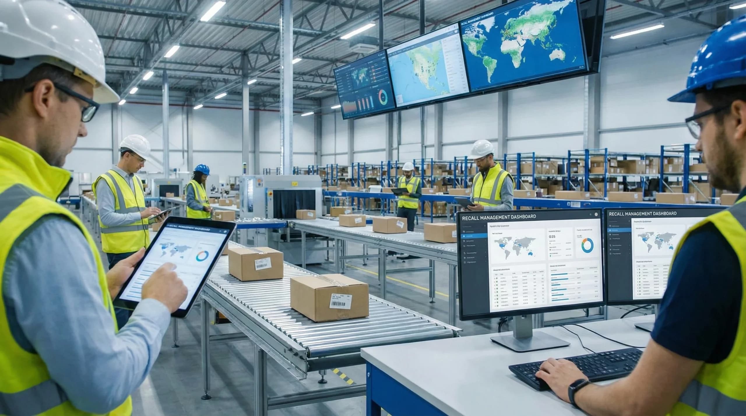 Workers using recall management software to track products in a modern warehouse.