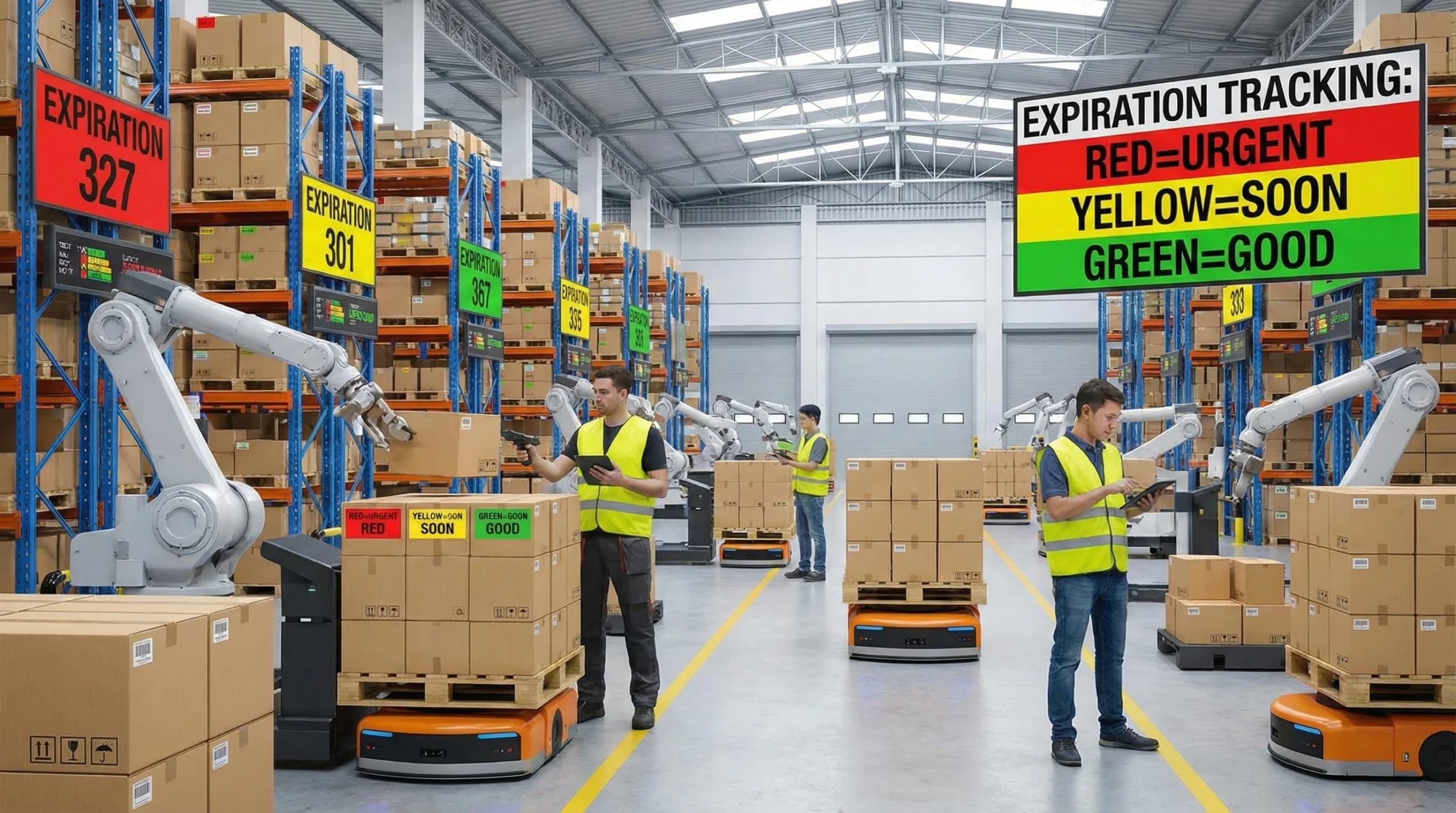 Robotic arms and workers with scanners manage inventory using color-coded expiration date trackers in a modern warehouse.