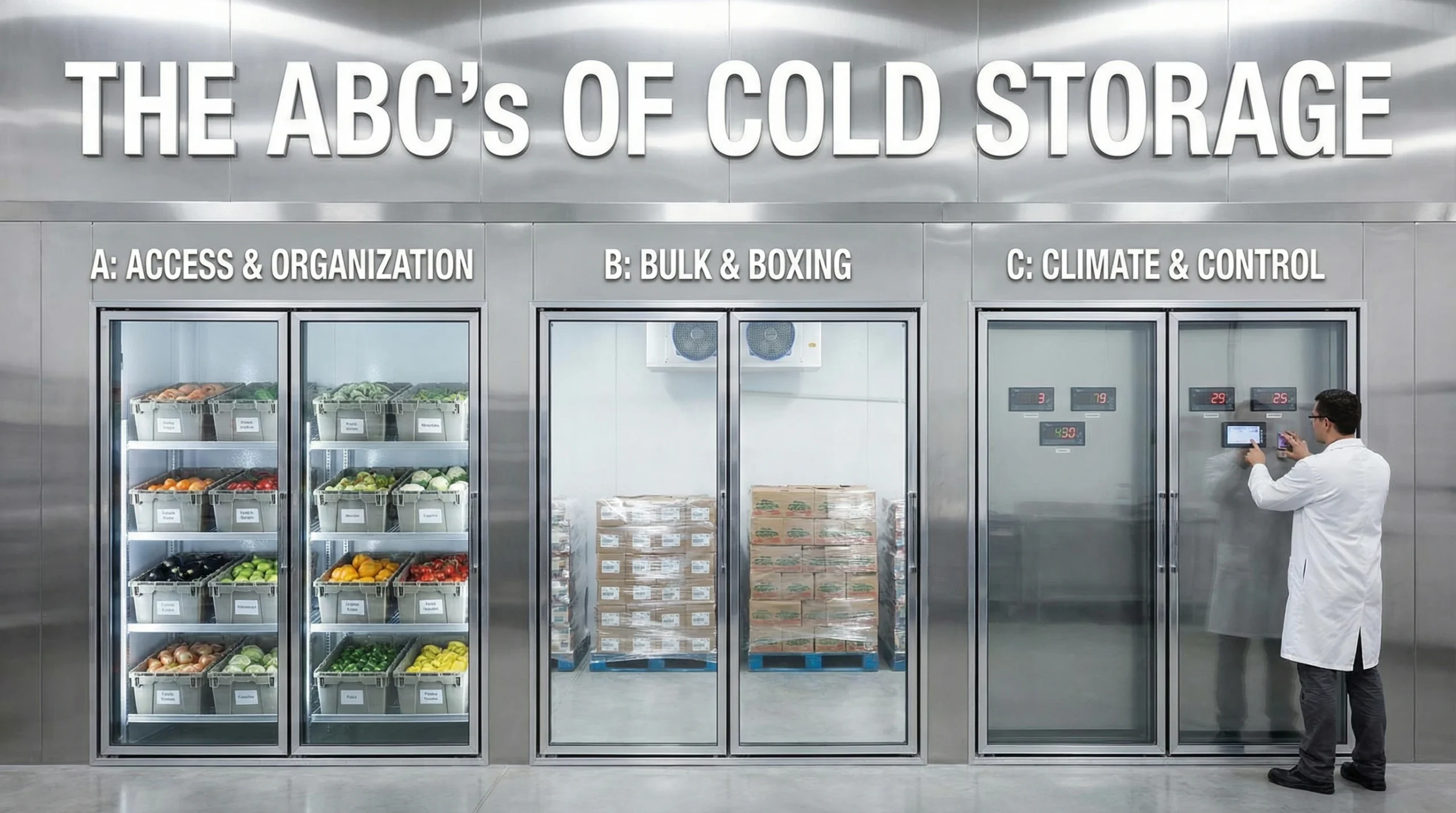 Commercial cold storage facility showing three zones: organized produce access, bulk palletized goods, and climate-controlled chambers with temperature displays