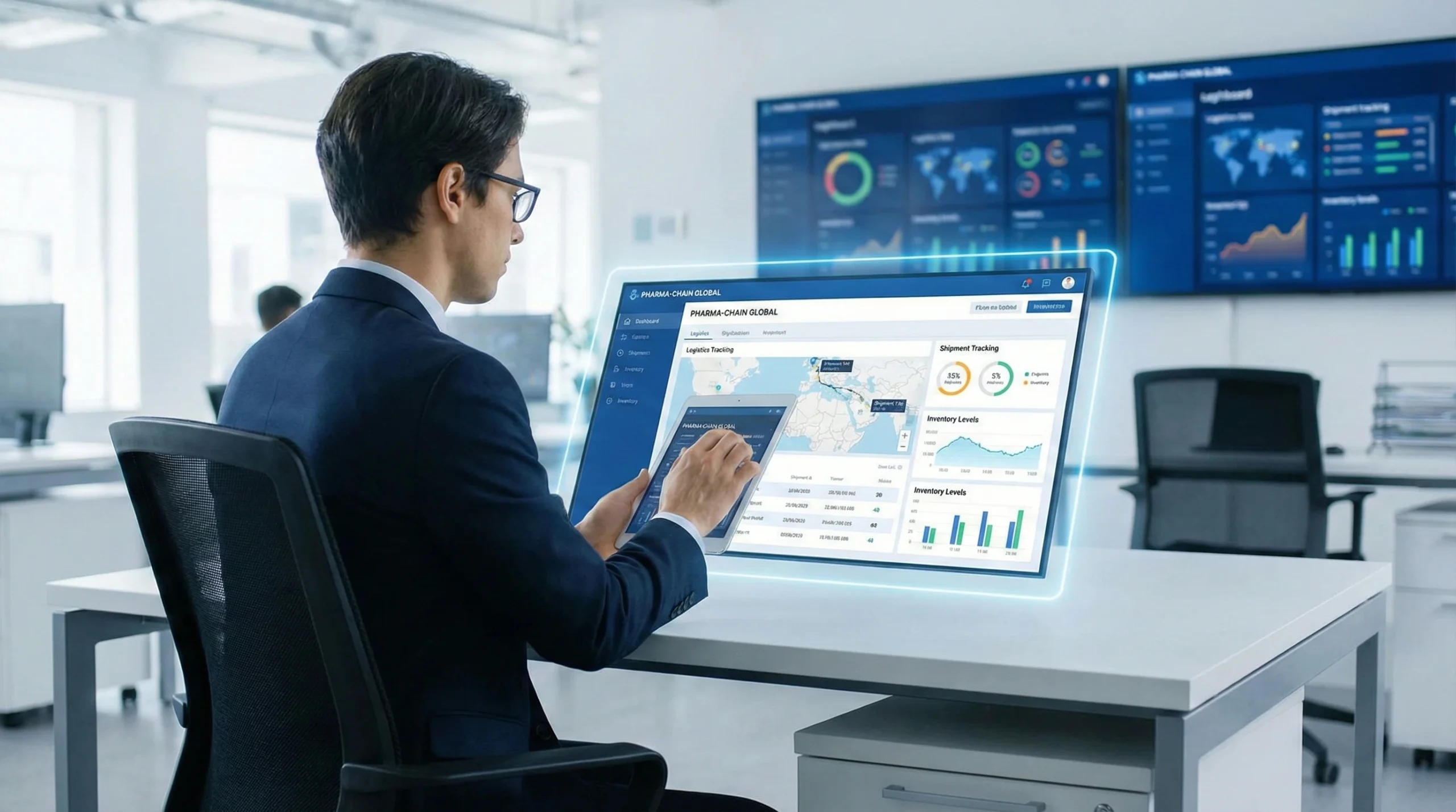 Professional using tablet to interact with digital pharmaceutical supply chain management software interface