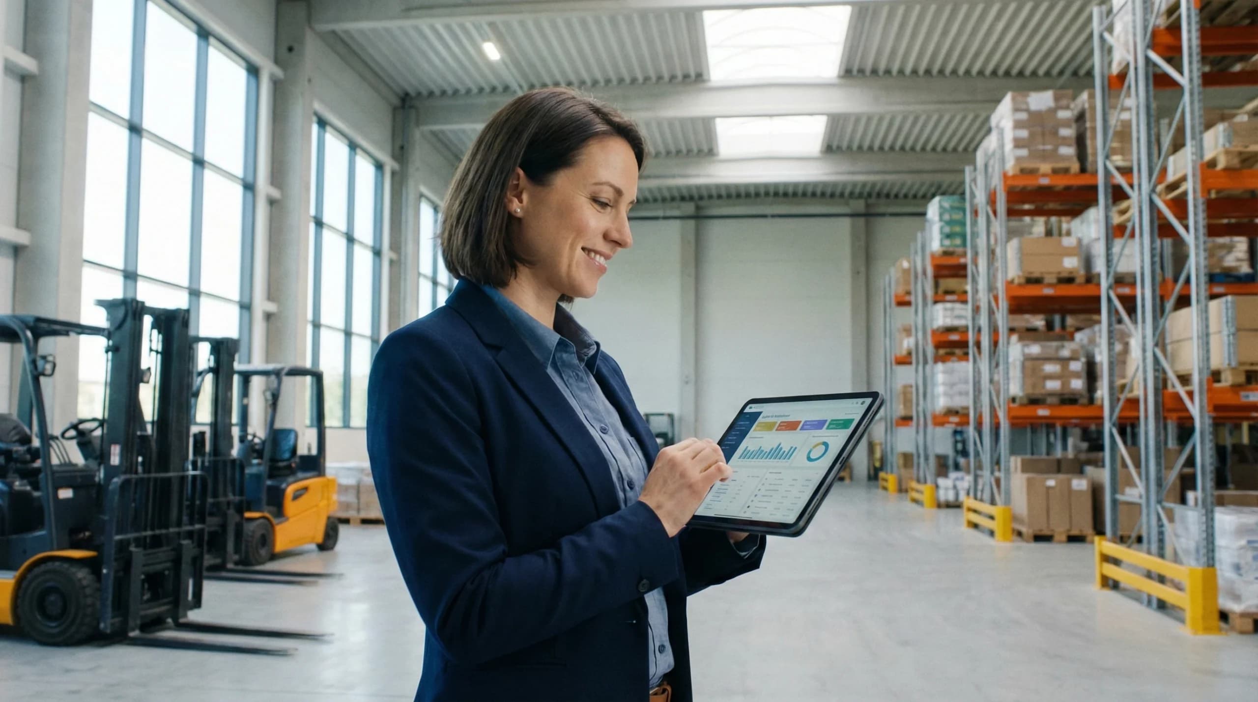 woman in warehouse holding a tablet