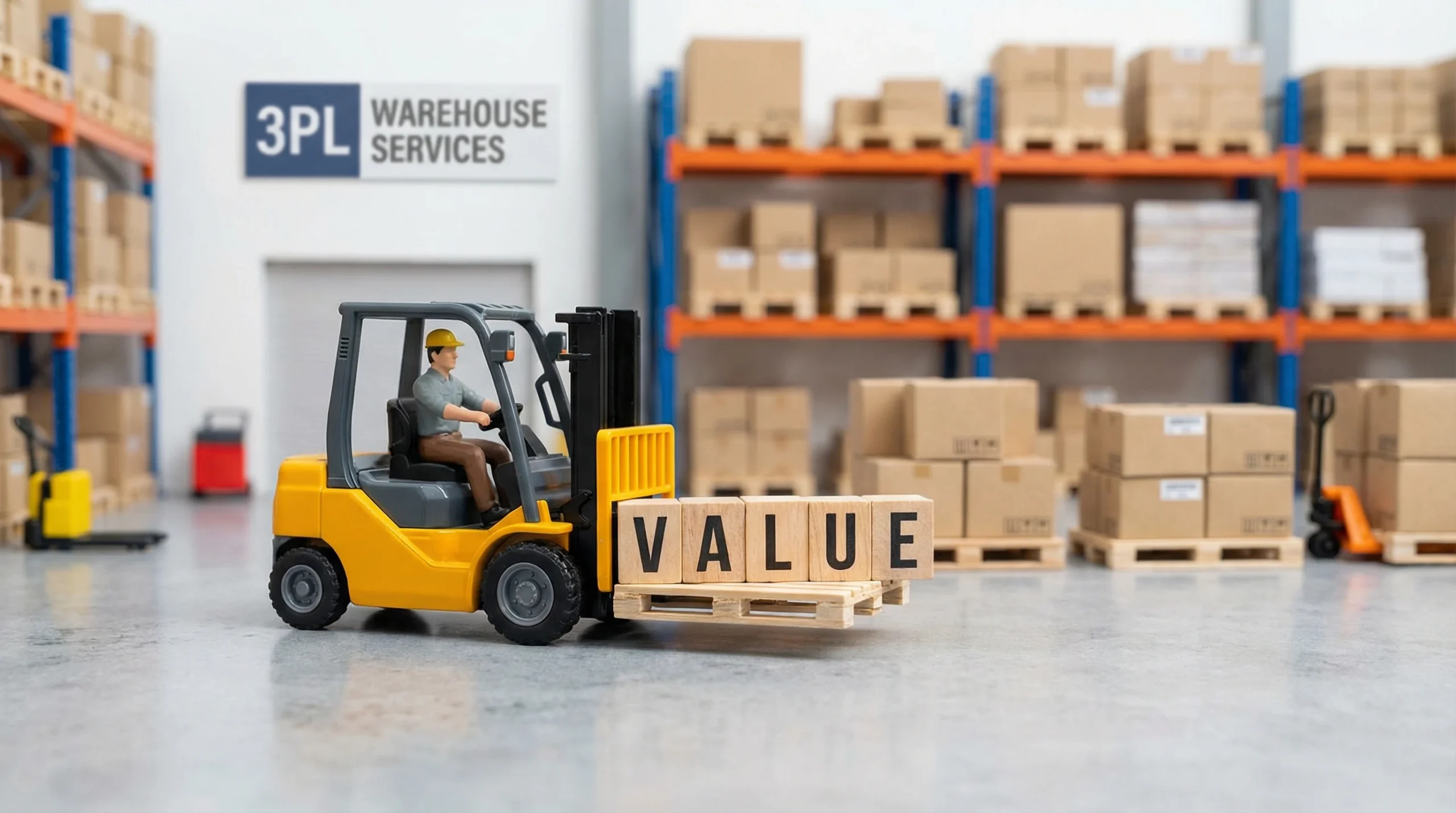 Yellow toy forklift moving wooden blocks spelling VALUE representing 3PL warehouse services