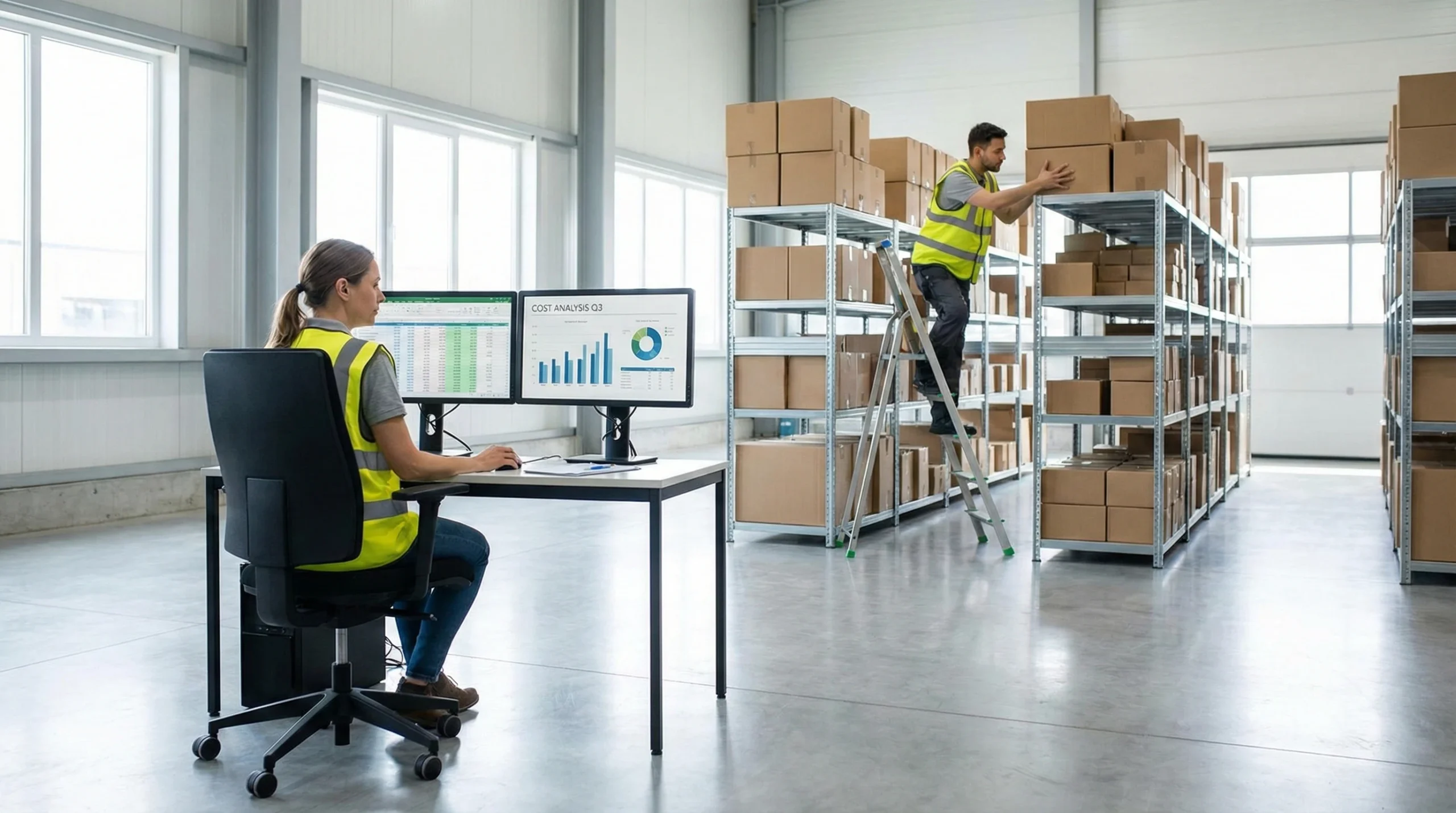 Warehouse manager analyzing cost data on computer while employee organizes inventory shelves