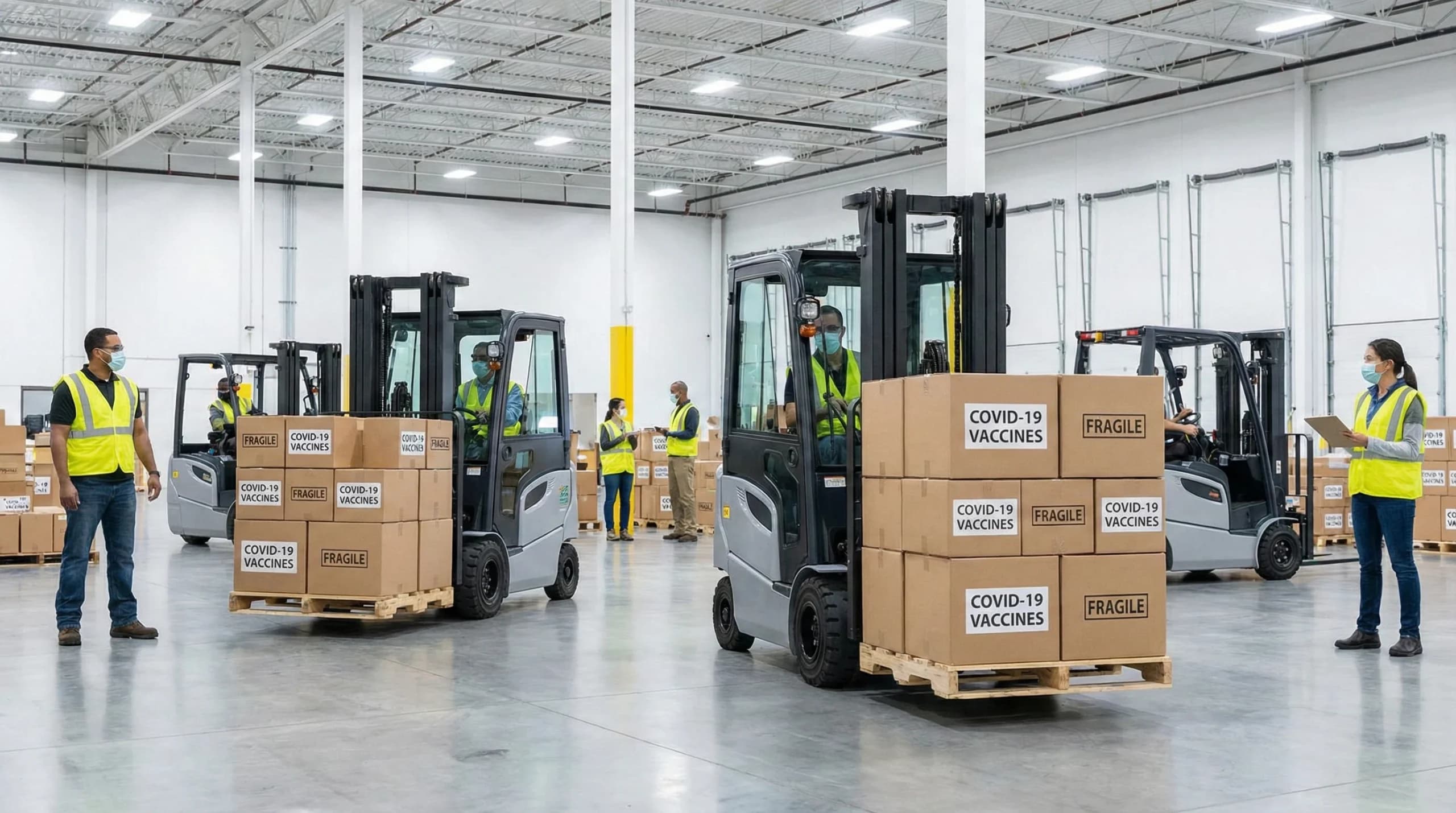 forklifts moving boxes marked vaccines in a warehouse