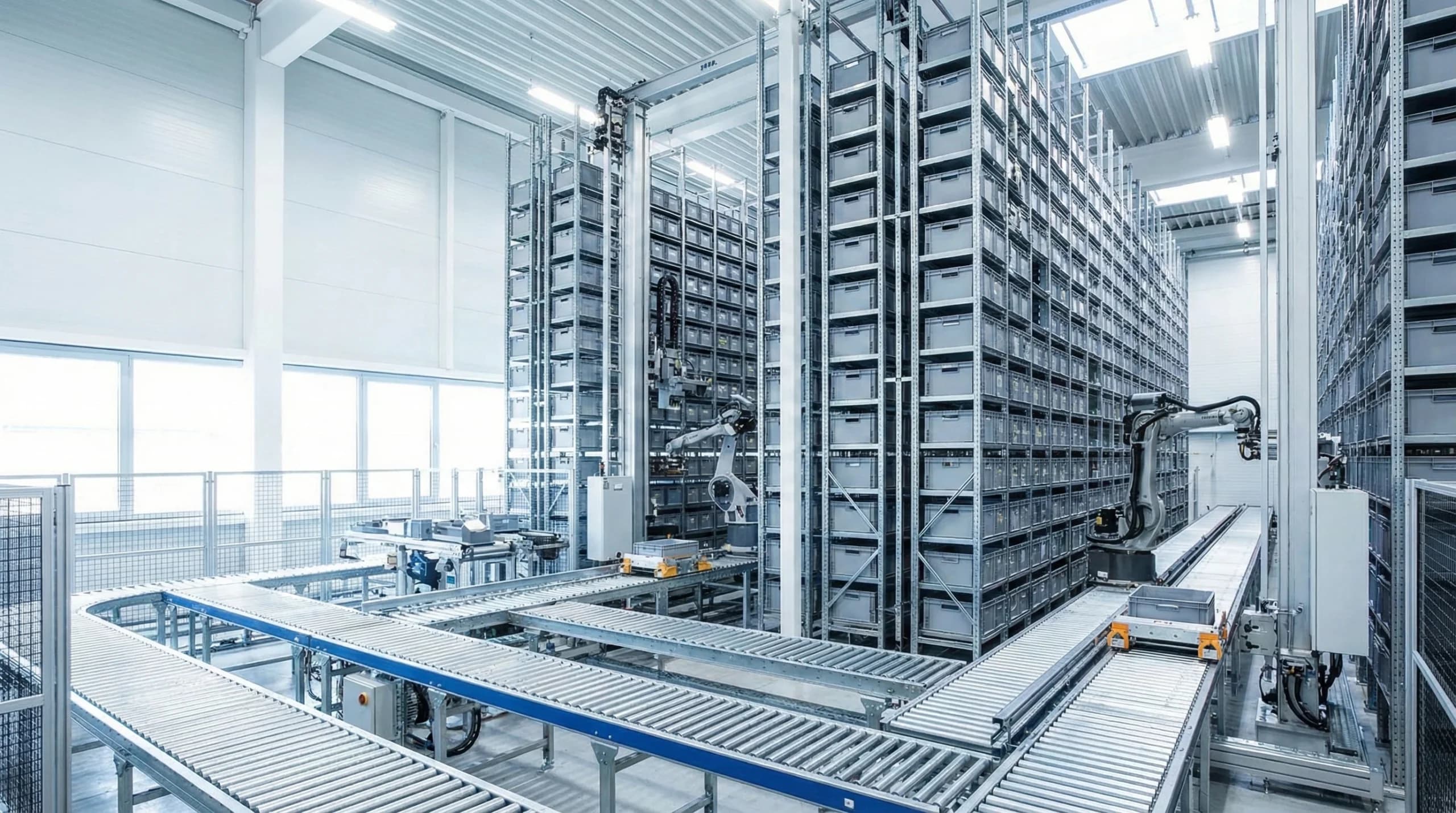 Modern automated storage and retrieval system warehouse with conveyor belts and robotic equipment