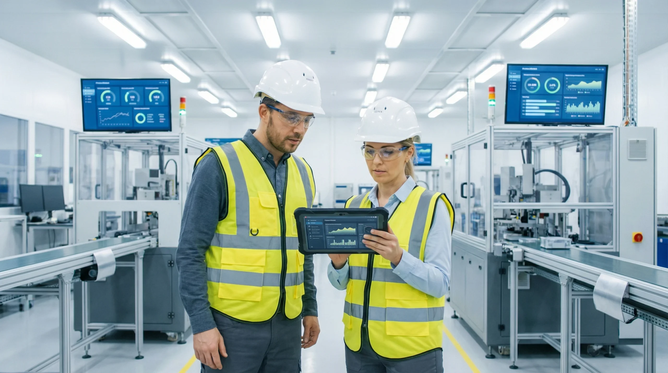 Two manufacturing workers analyzing performance data on tablet in industrial factory setting