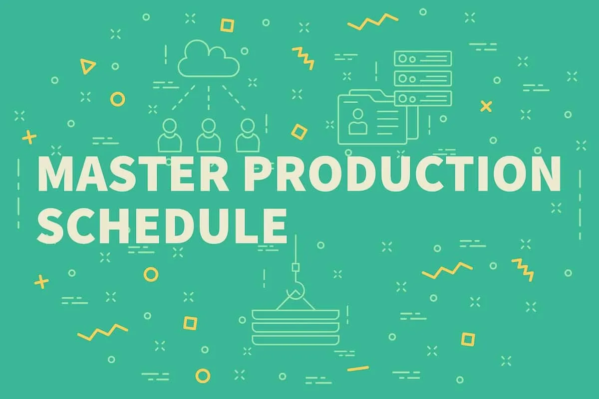 Master production schedule infographic with cloud computing, team collaboration, and data management icons on teal background