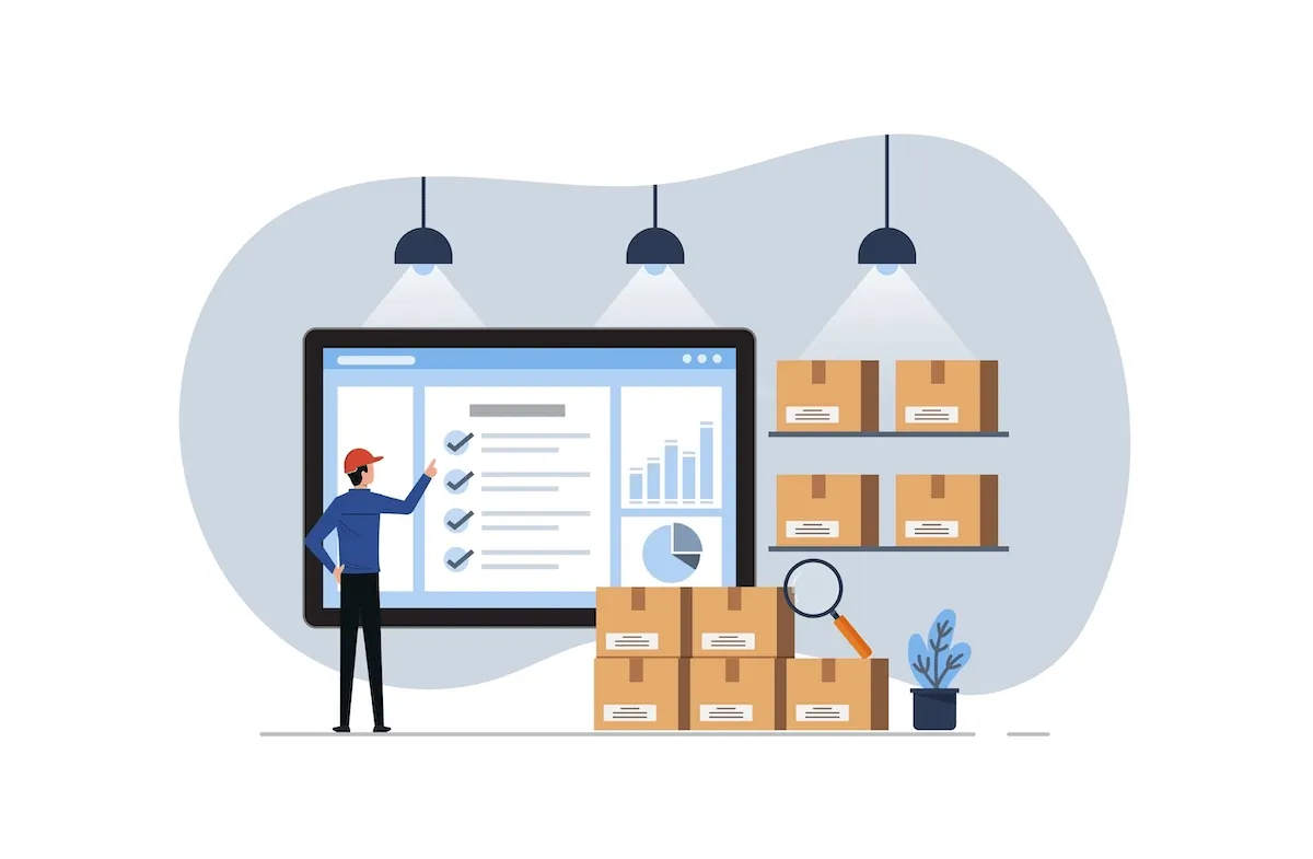 worker looking at a giant tablet with charts, graphs, and checkmarks in a room with boxes on the floor and shelves