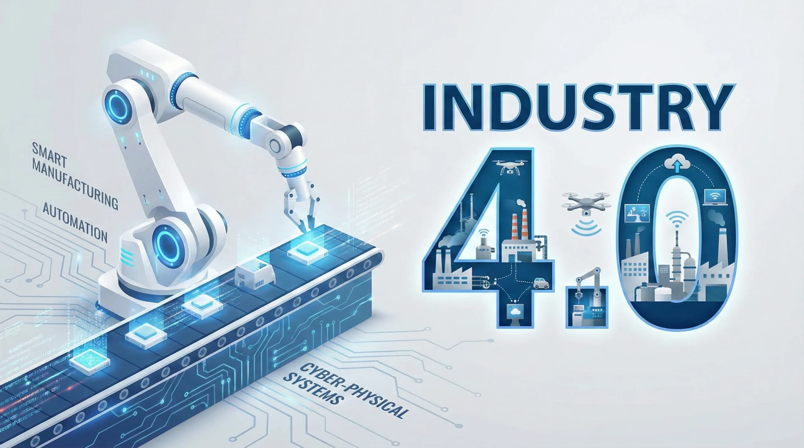 Industry 4.0 concept with robotic arm and smart manufacturing imagery integrated into stylized 4.0 typography