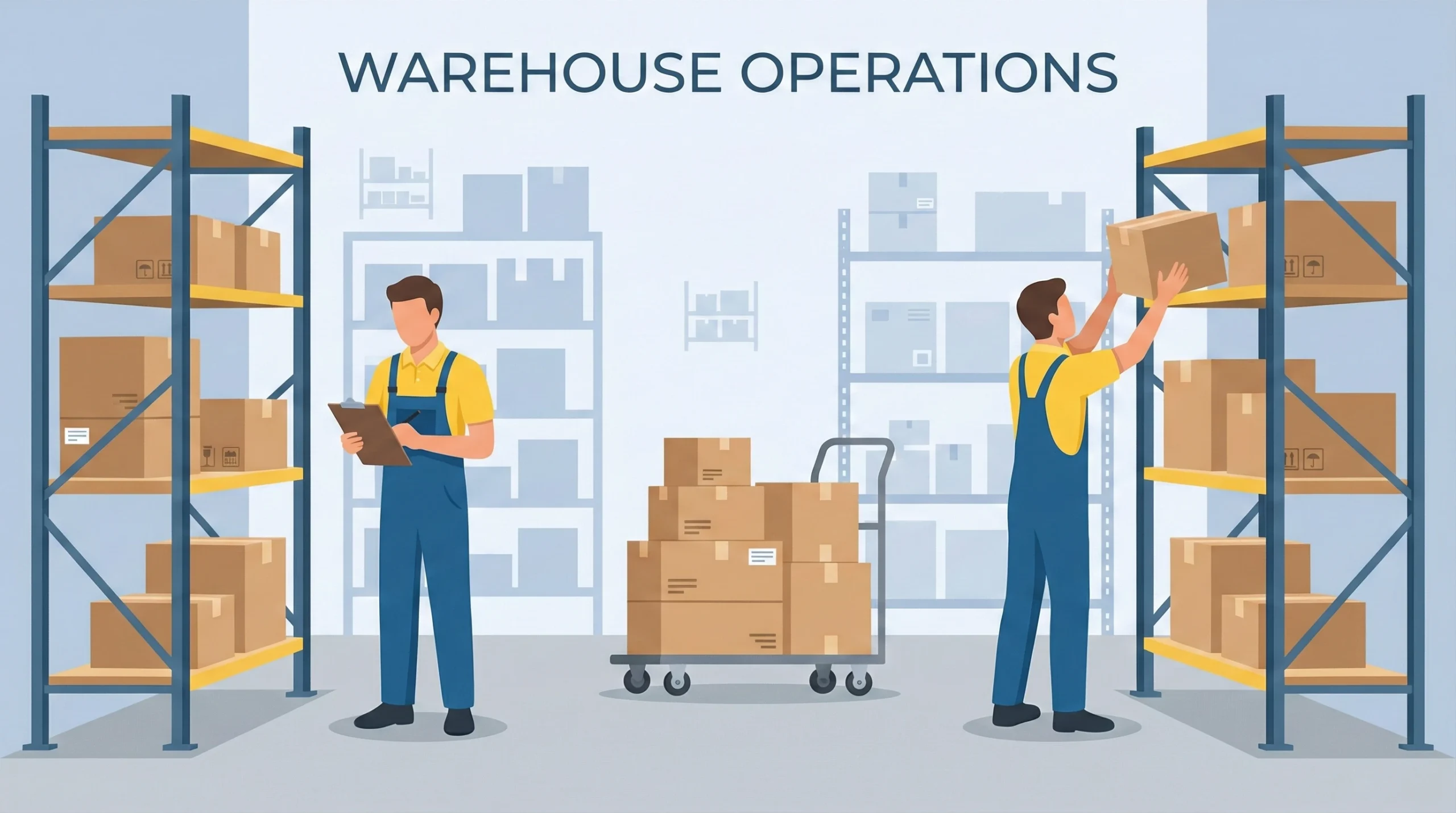 Warehouse workers performing order picking tasks with clipboard, storage shelves, and cart loaded with boxes