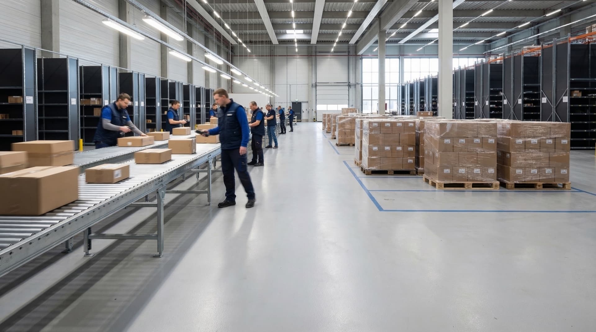 Warehouse receiving dock with voice picking headset.