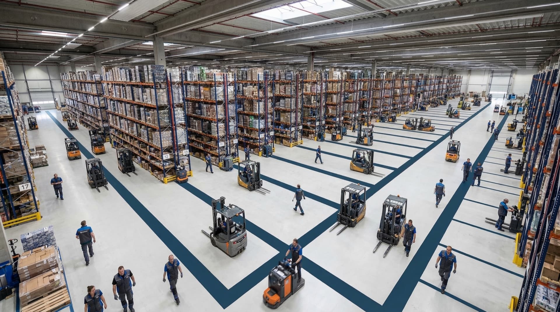 Warehouse with aisles and forklifts, lot traceability.