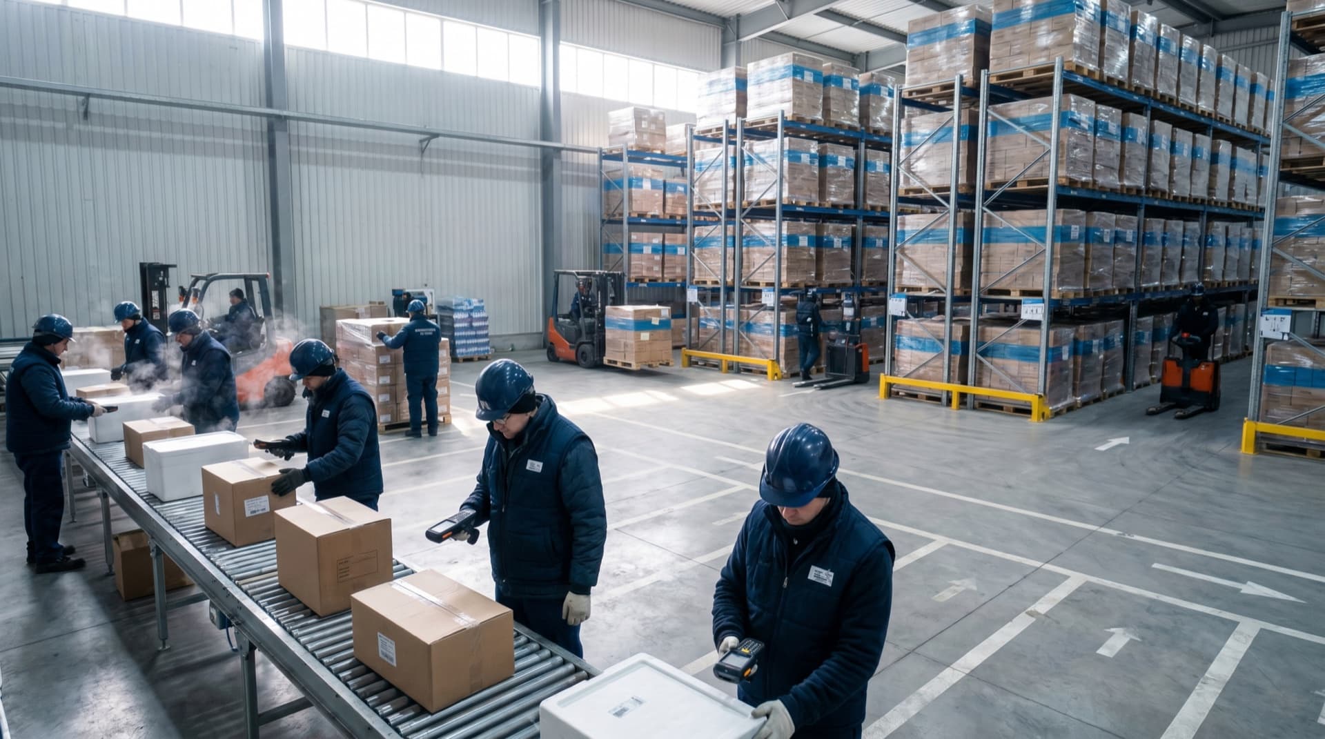 Warehouse dock with workers and conveyor belt