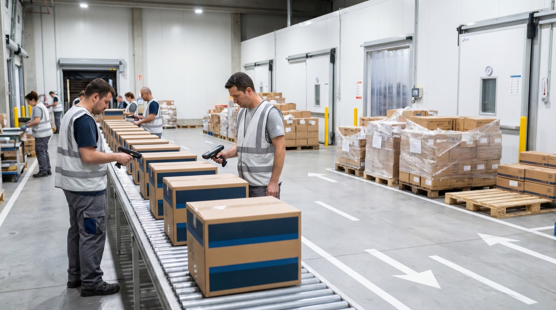 Warehouse receiving dock with conveyors and scanners
