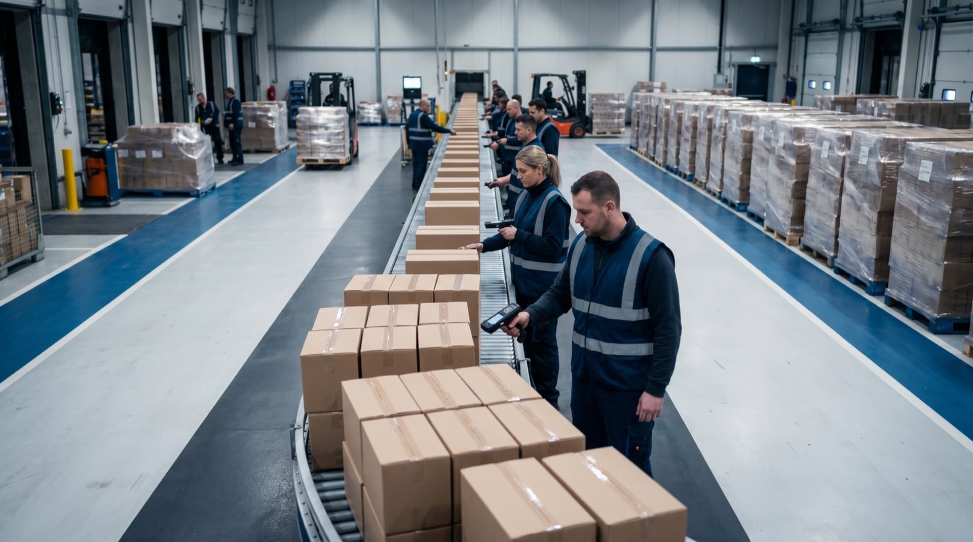 Receiving dock with boxes and workers