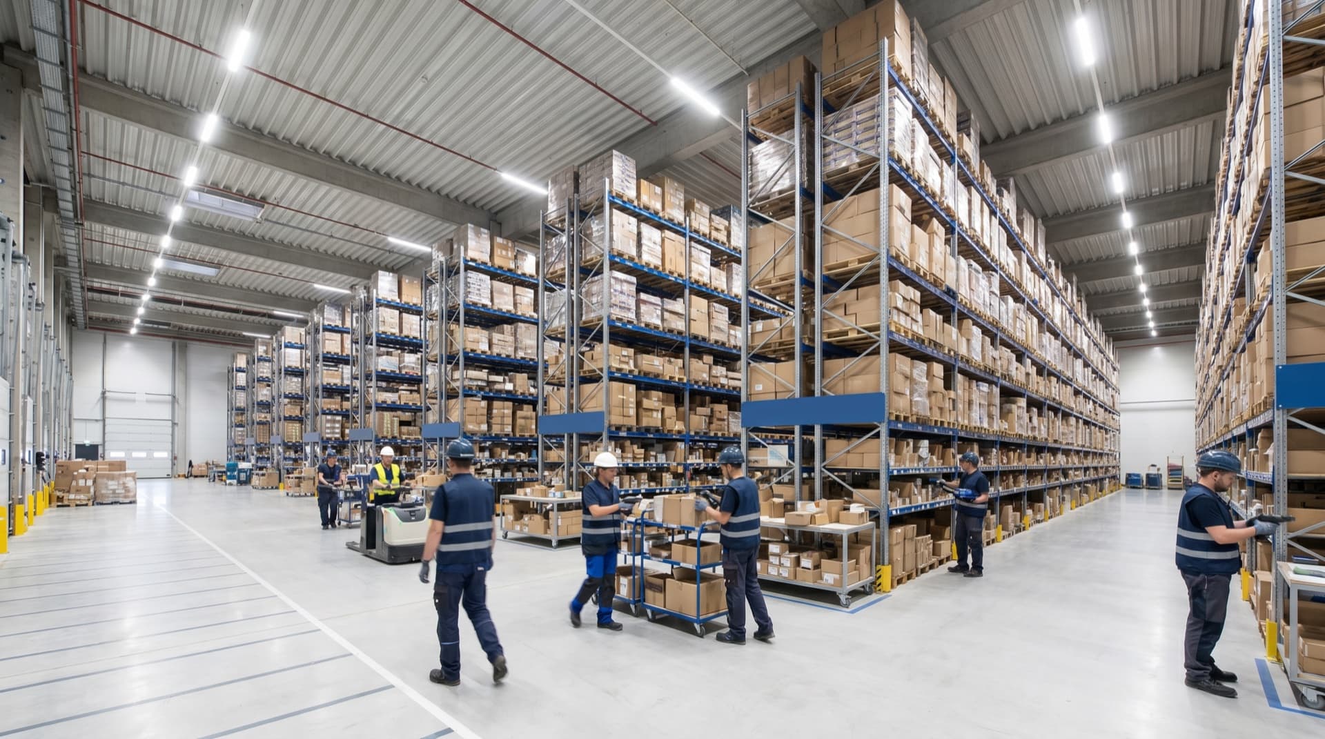 Warehouse interior with workers in navy vests