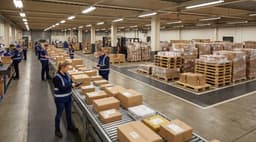 Warehouse receiving dock with conveyor belt.