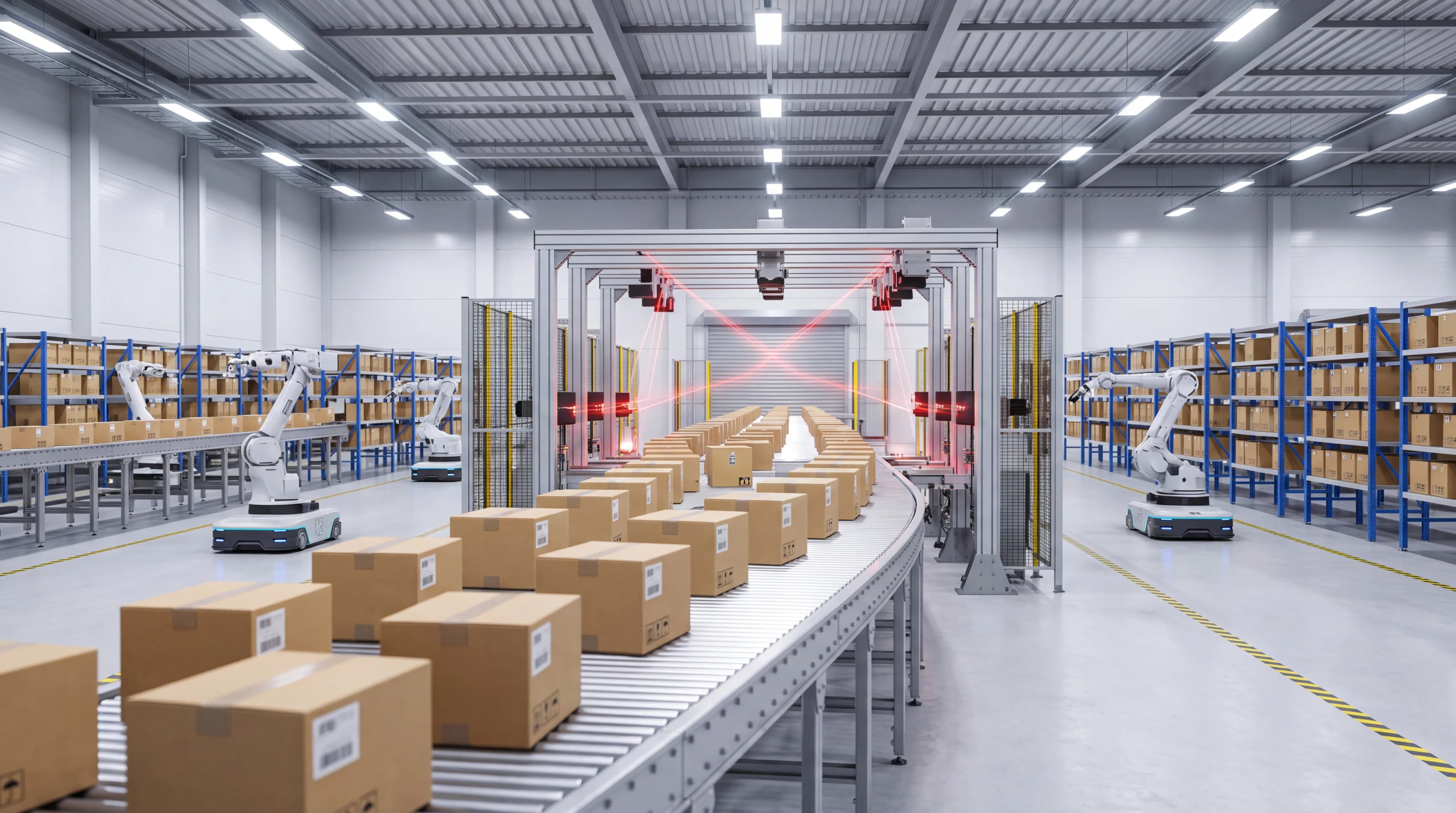 Automated warehouse conveyor sorting system with robotic arms and barcode scanners