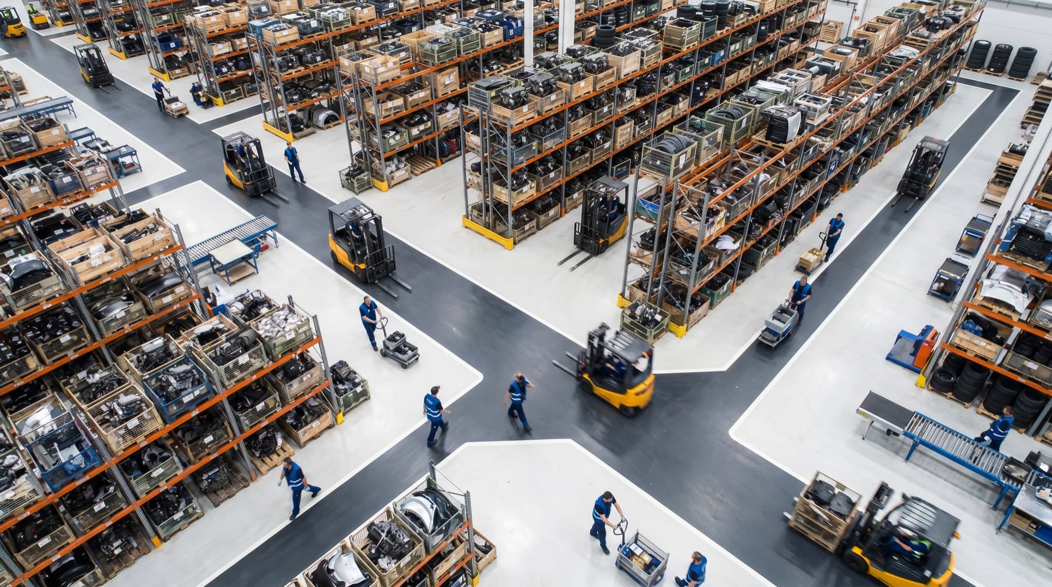 Aerial view of organized automotive warehouse floor