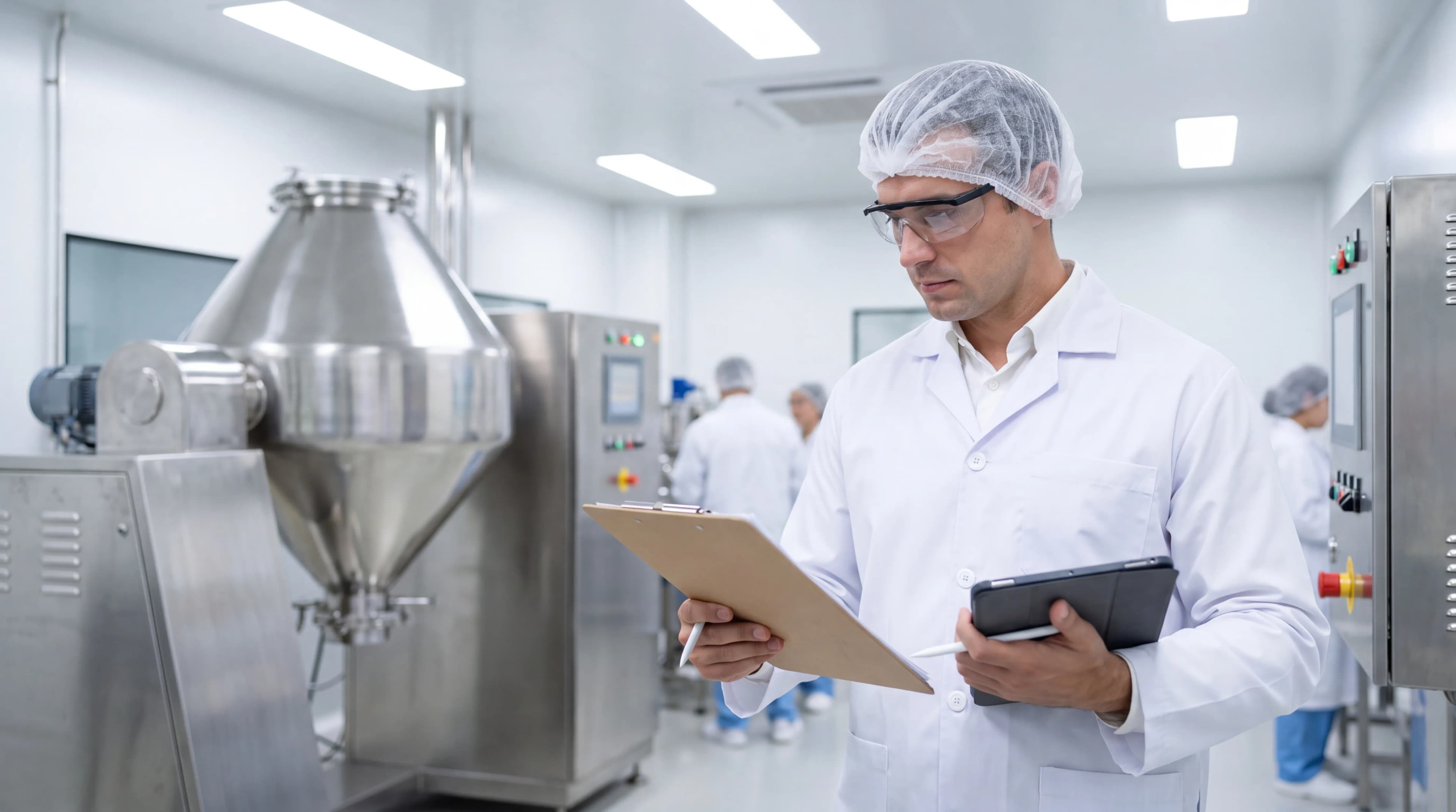 Pharmaceutical manufacturing professional reviewing batch records on a clean production floor