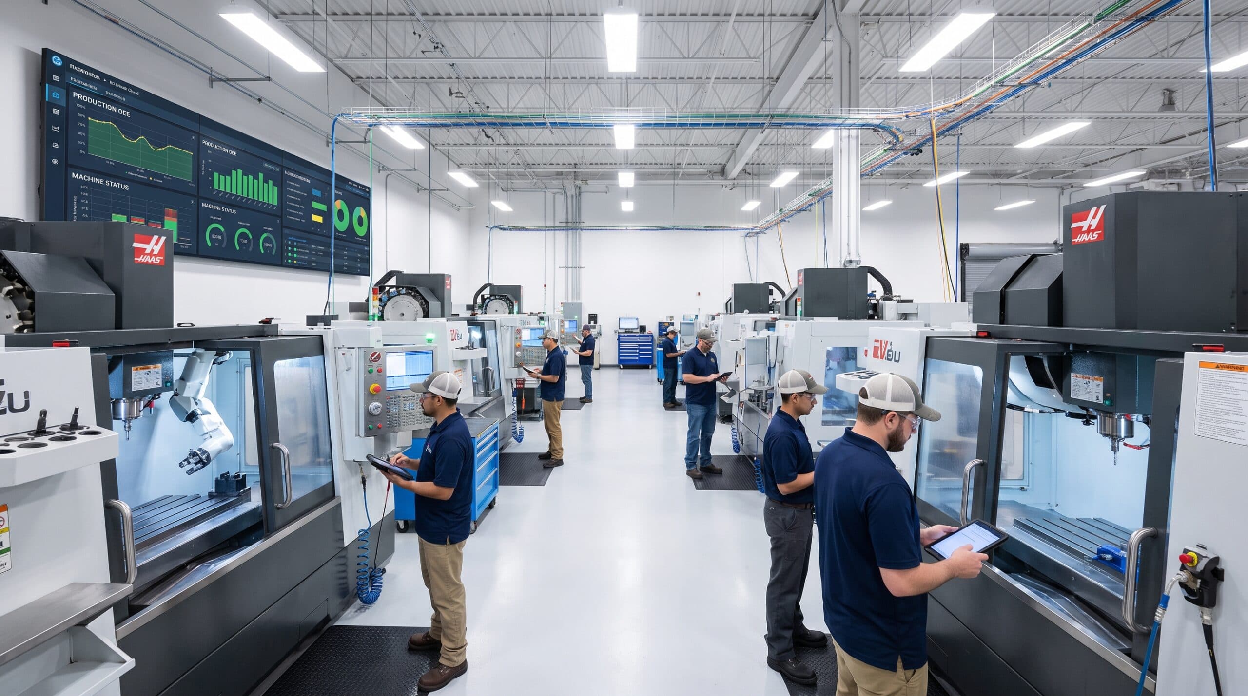 Modern manufacturing shop floor with connected machines and real-time production dashboard