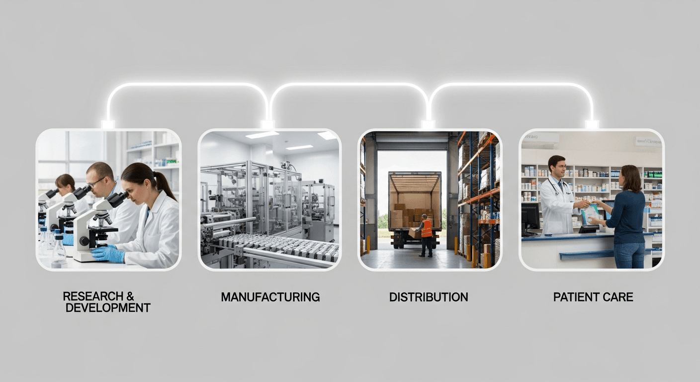Pharmaceutical supply chain stages: research and development, manufacturing, distribution, and patient care