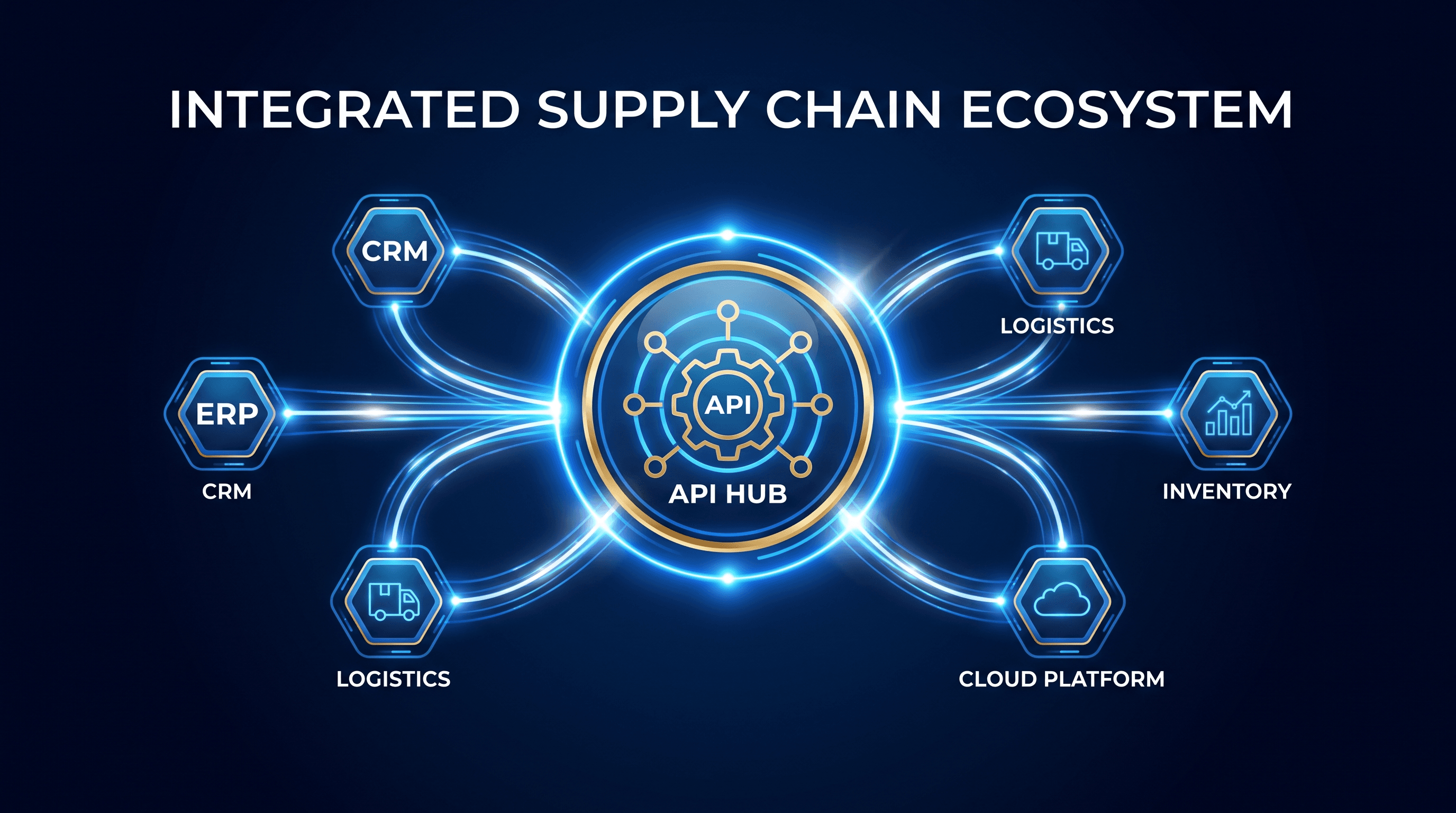 API in a circle surrounded by process icons representing connecting systems