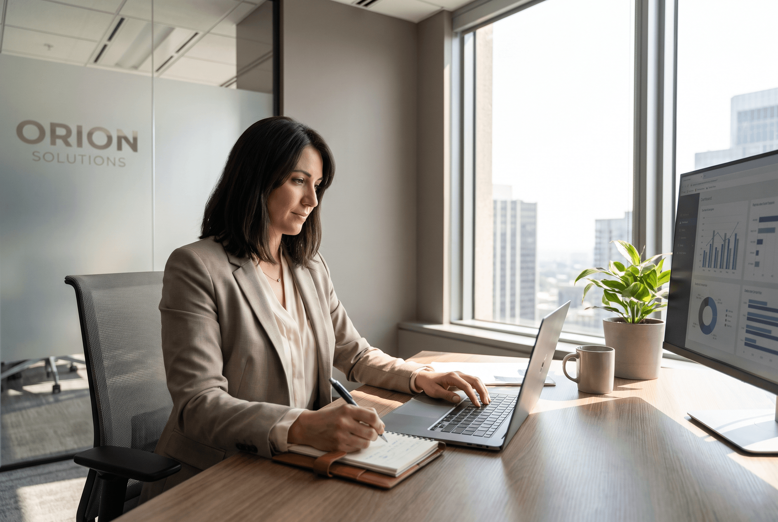 woman on her laptop and taking notes