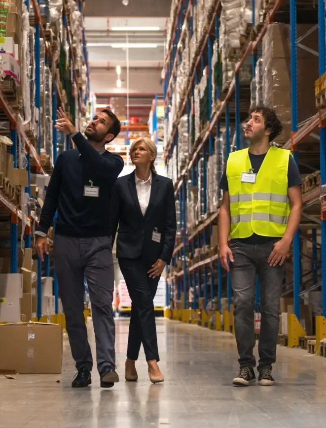 Three professionals inspecting warehouse distribution center with tall storage shelves and inventory