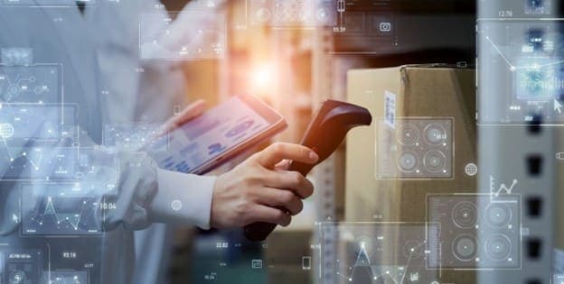 Person scanning barcode with smartphone surrounded by digital data analytics overlay