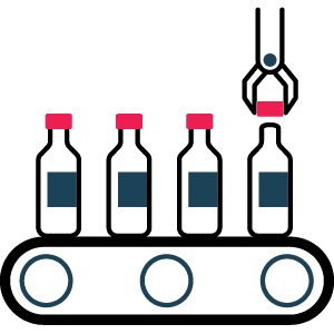 Conveyor belt icon with bottles and robotic arm for automated warehouse sorting