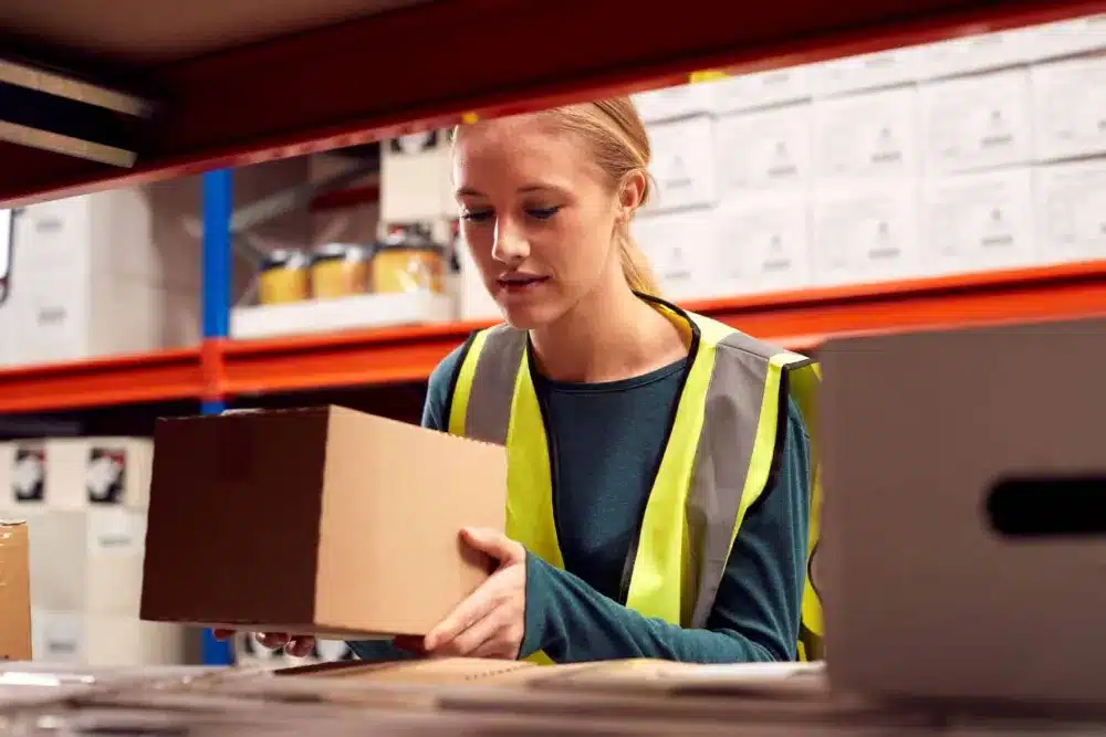 Warehouse worker in safety vest managing inventory boxes with computer system