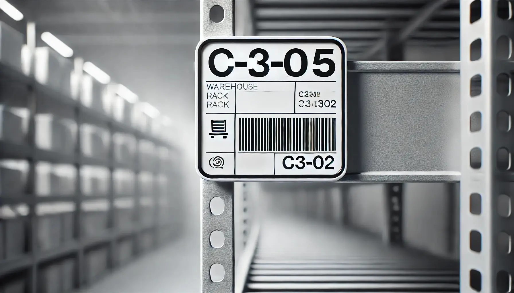 Warehouse rack location label C-3-05 with barcode mounted on metal shelving system