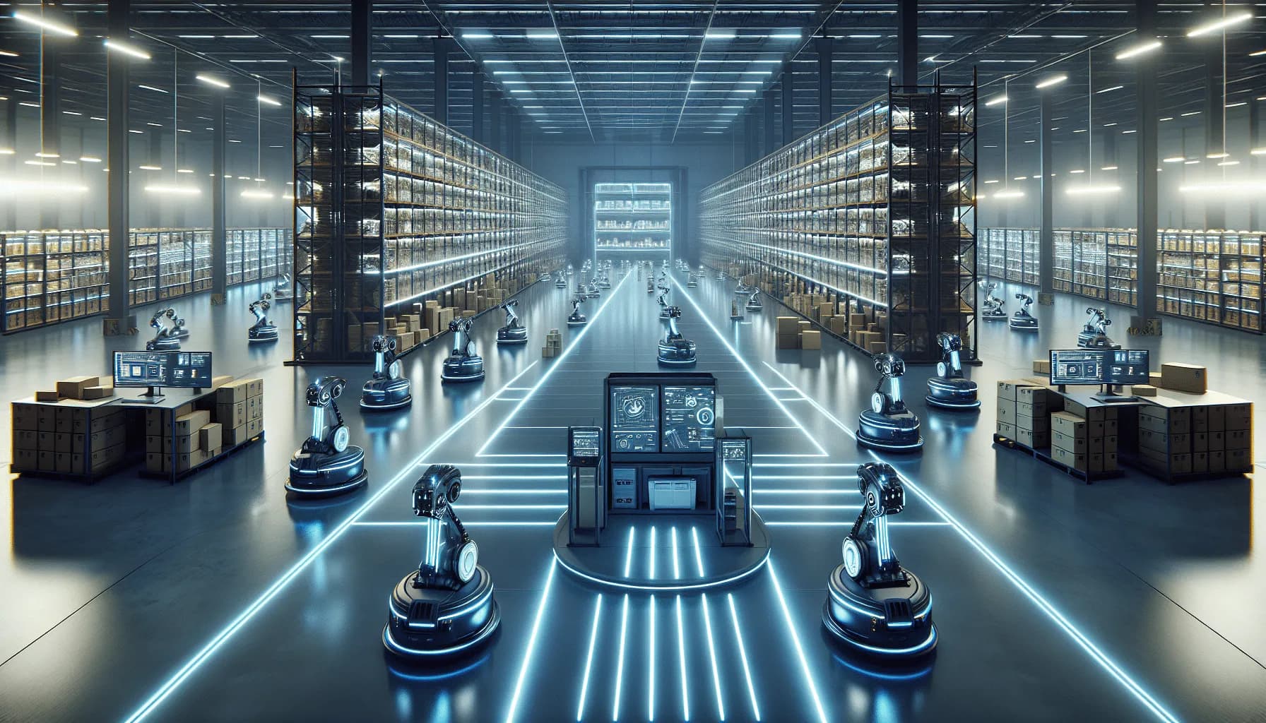 Futuristic automated warehouse with robotic picking systems and digital control stations