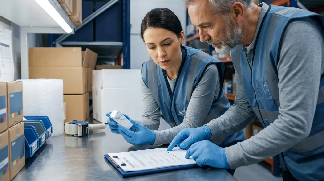 Two warehouse workers reviewing printed pick list at packing station