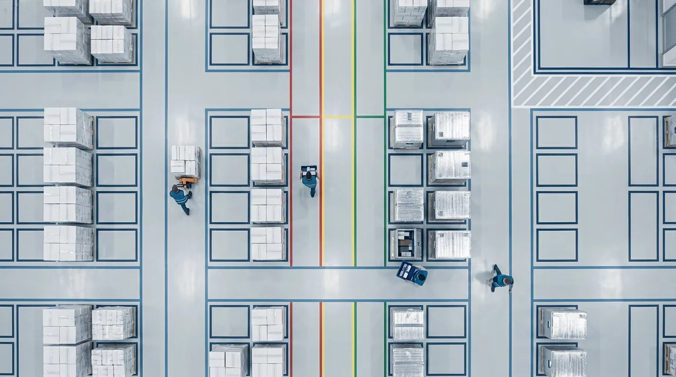 Overhead view of organized pharmaceutical warehouse floor layout