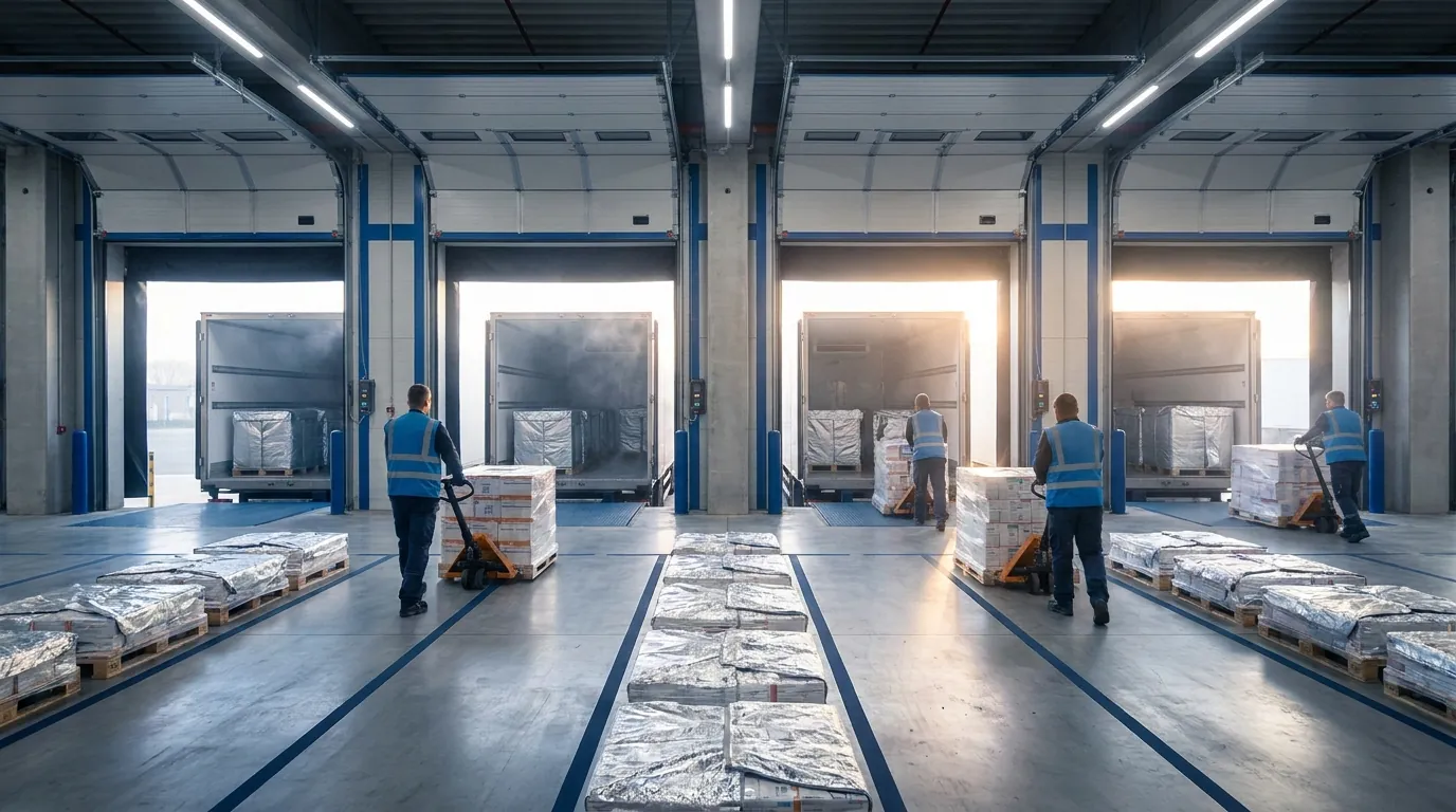 Workers loading pallets onto refrigerated trucks at loading dock