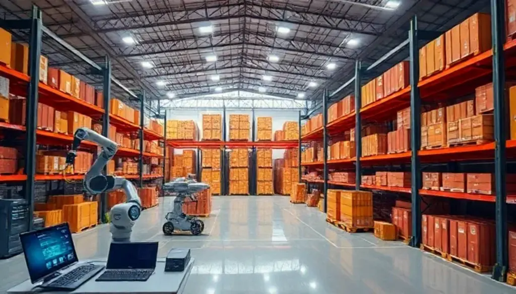 Modern automated warehouse with robotic systems managing international trade inventory storage