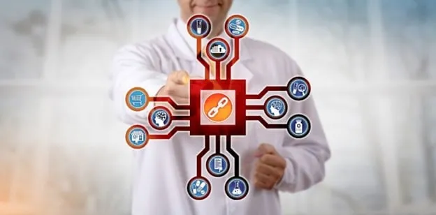 Businessman pointing at cybersecurity network icons displaying warehouse digital protection threats