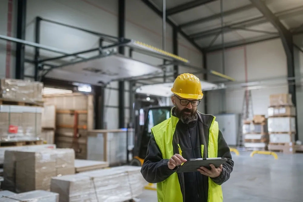logistics manager using warehouse receiving tablet
