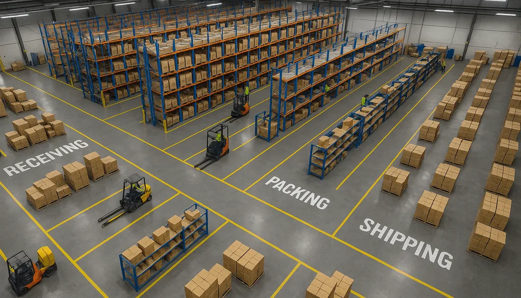 Optimized warehouse layout with organized aisles and active picking zones