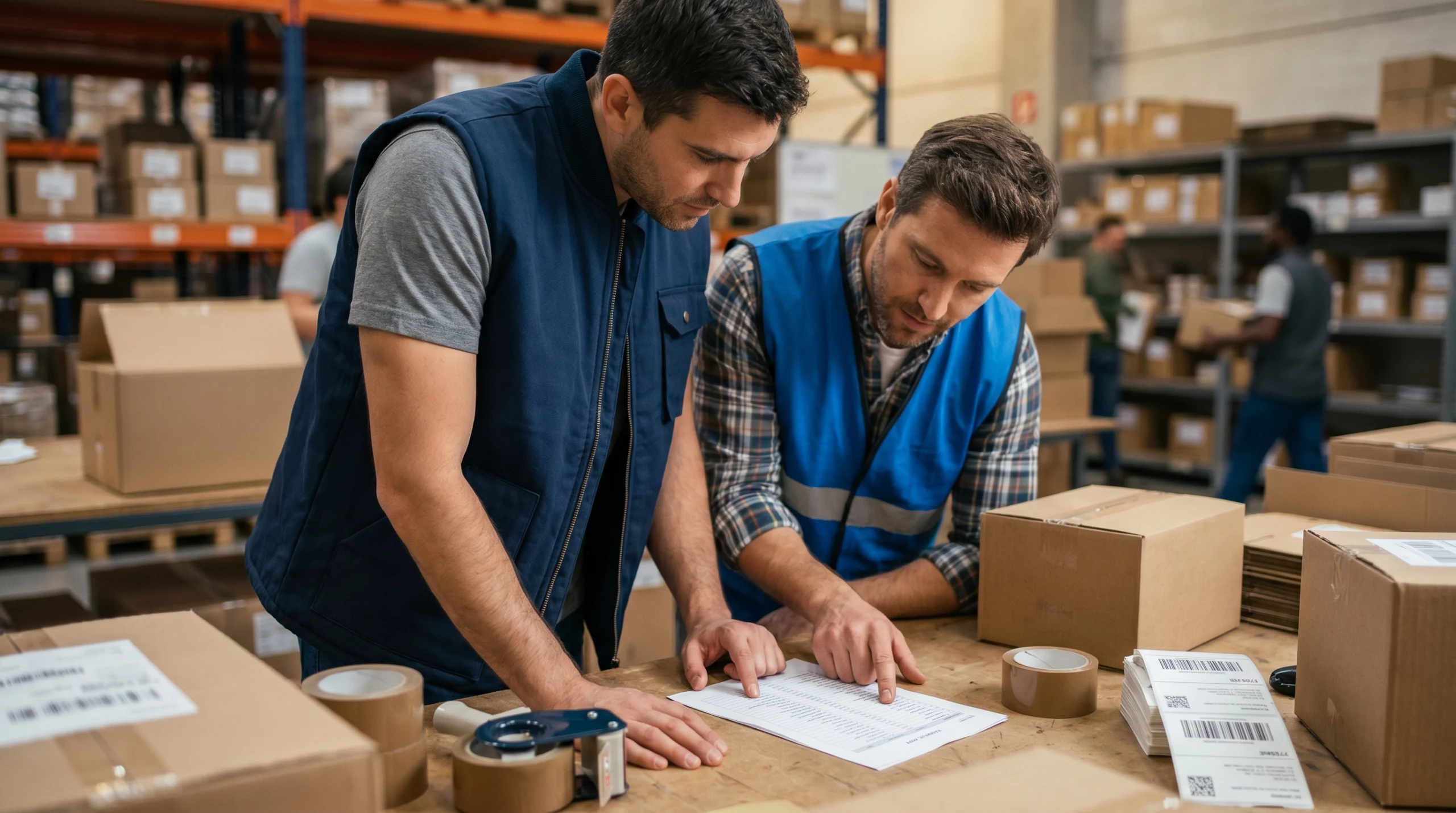 Warehouse workers reviewing pick list at table
