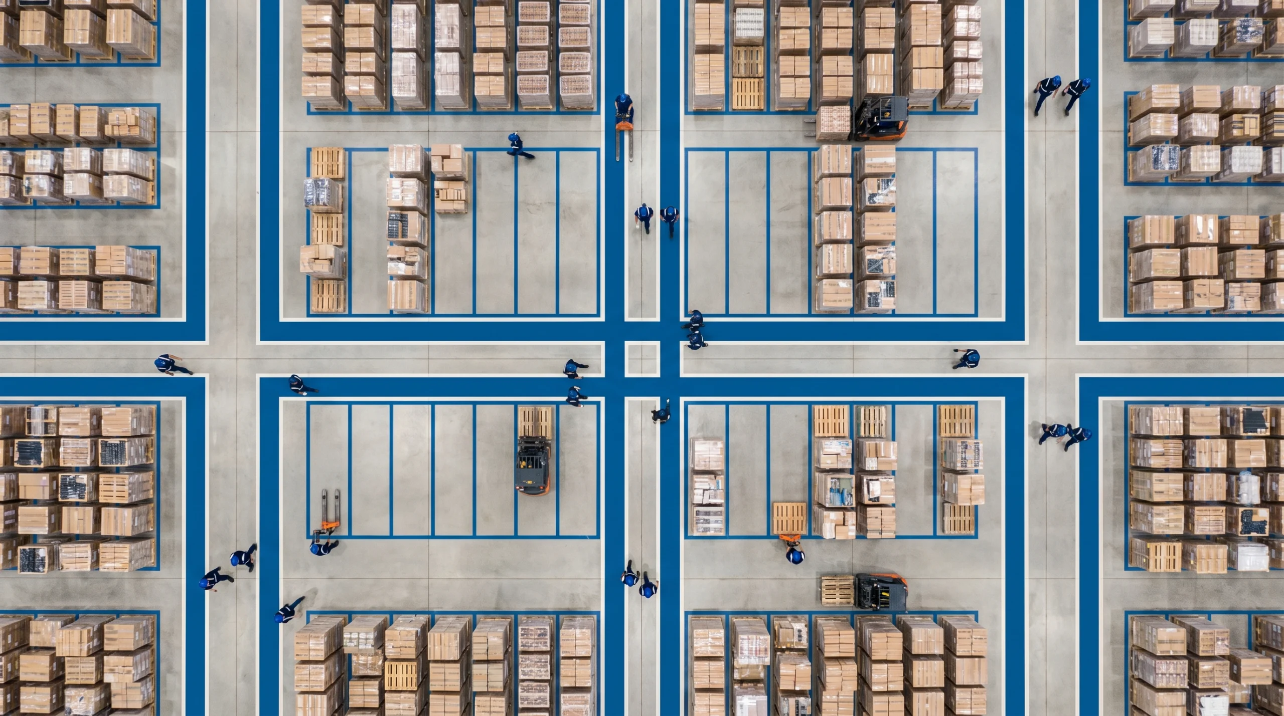 Aerial view of organized warehouse floor