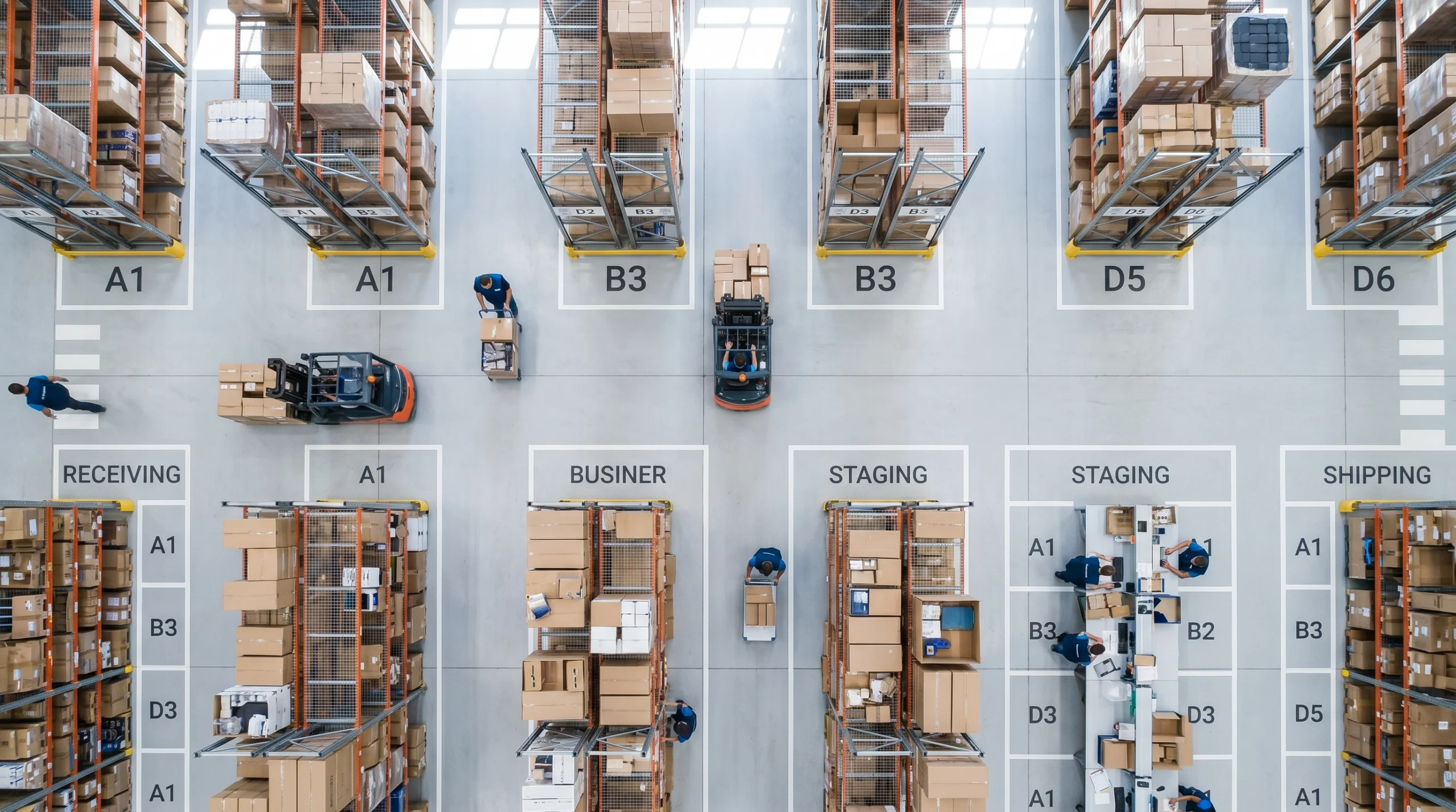 Aerial view of organized warehouse floor