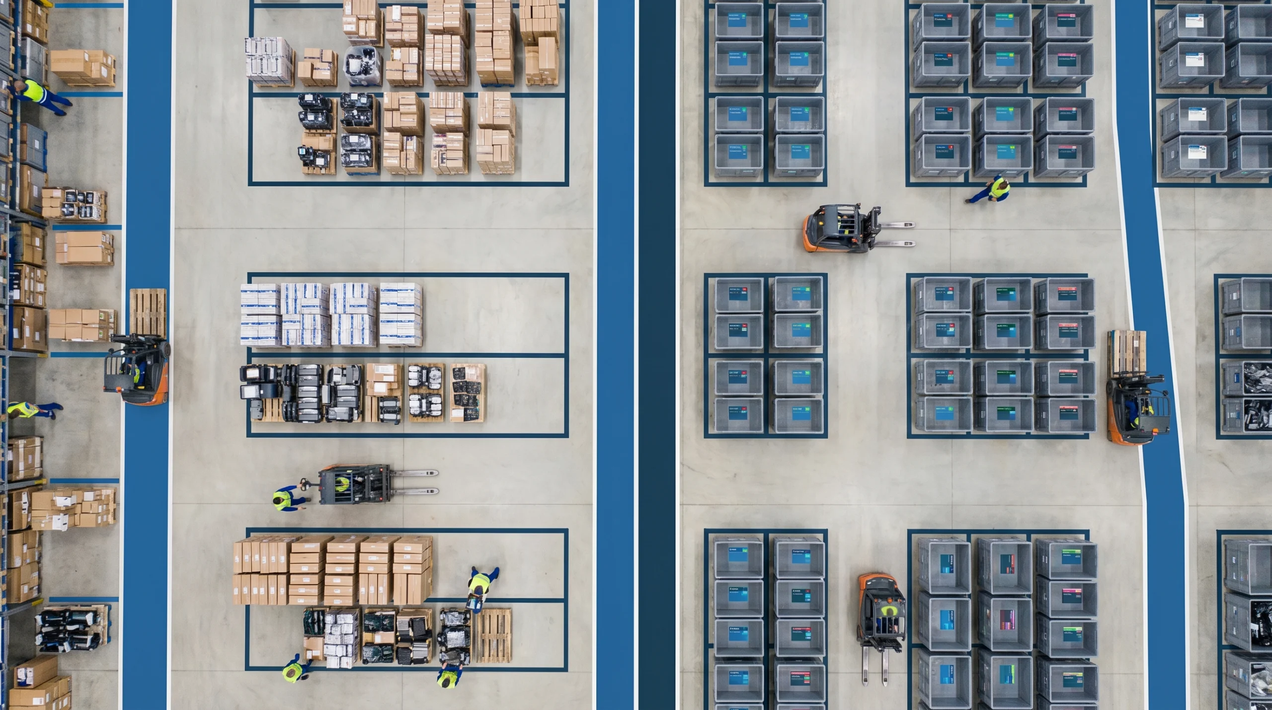 Aerial view of organized warehouse floor
