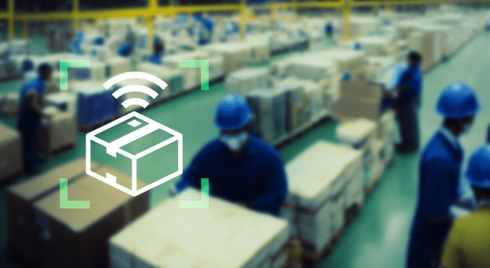 moving boxes in a warehouse with a box icon with an internet signal above it representing an RFID signal