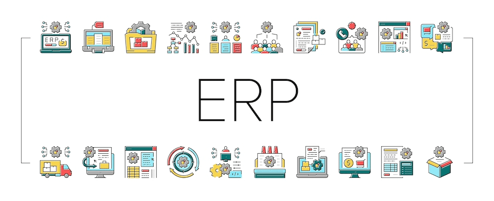 ERP letters with icons showing different processes involving computers, reports, people and trucks
