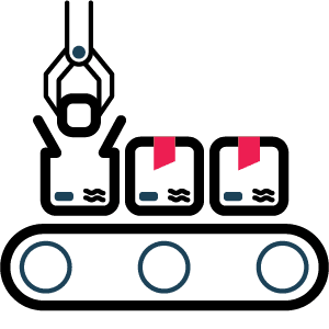 conveyor belt with arm putting something into one of the boxes